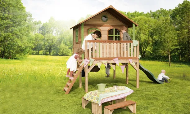 Holz-Kinder-Spielhaus hohes Stelzen-Spielhaus Rutsche Fenster&Tr farbig lasiert